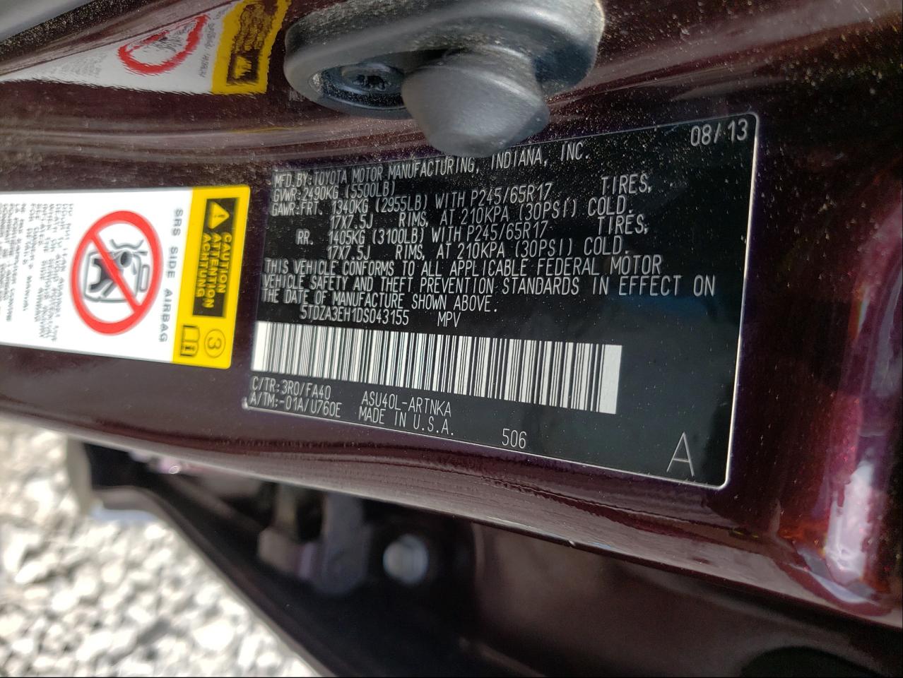 Photo 10 from auction – 2013 TOYOTA HIGHLANDER with VIN 5TDZA3EH1DS043155