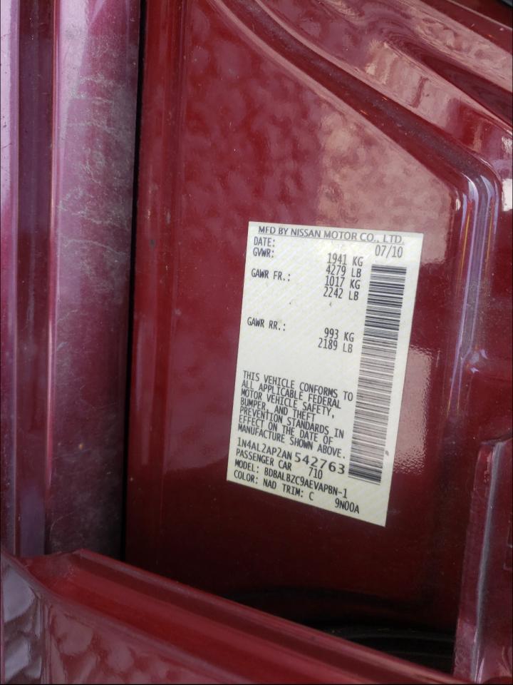Photo 10 from auction – 2010 NISSAN ALTIMA BAS with VIN 1N4AL2AP2AN542763