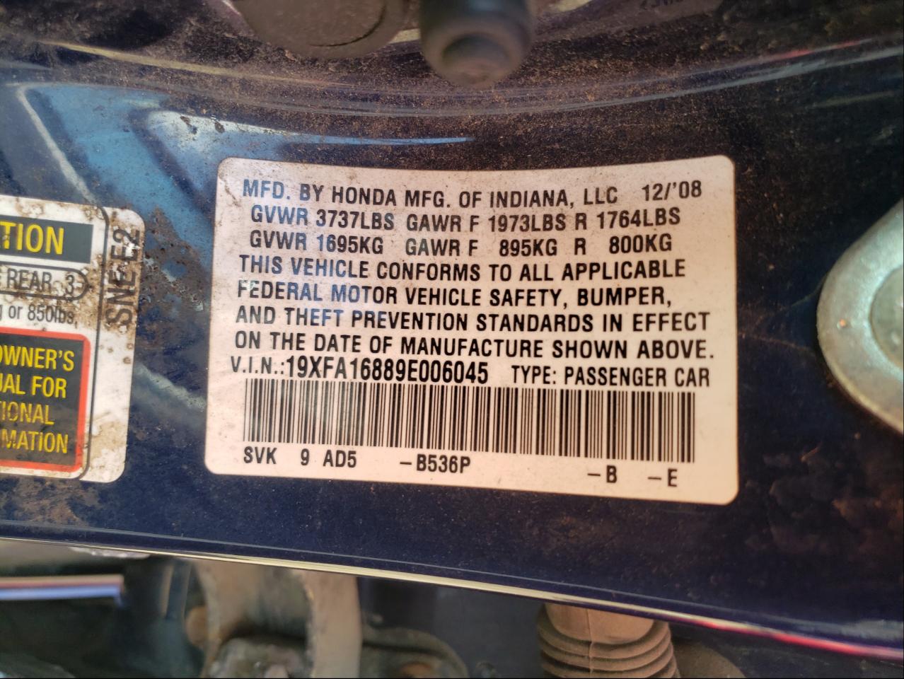 Photo 10 from auction – 2009 HONDA CIVIC EX with VIN 19XFA16889E006045