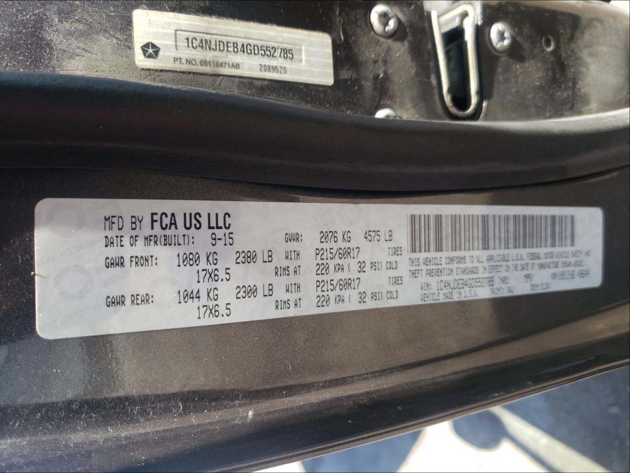 Photo 10 from auction – 2016 JEEP COMPASS LA with VIN 1C4NJDEB4GD552785