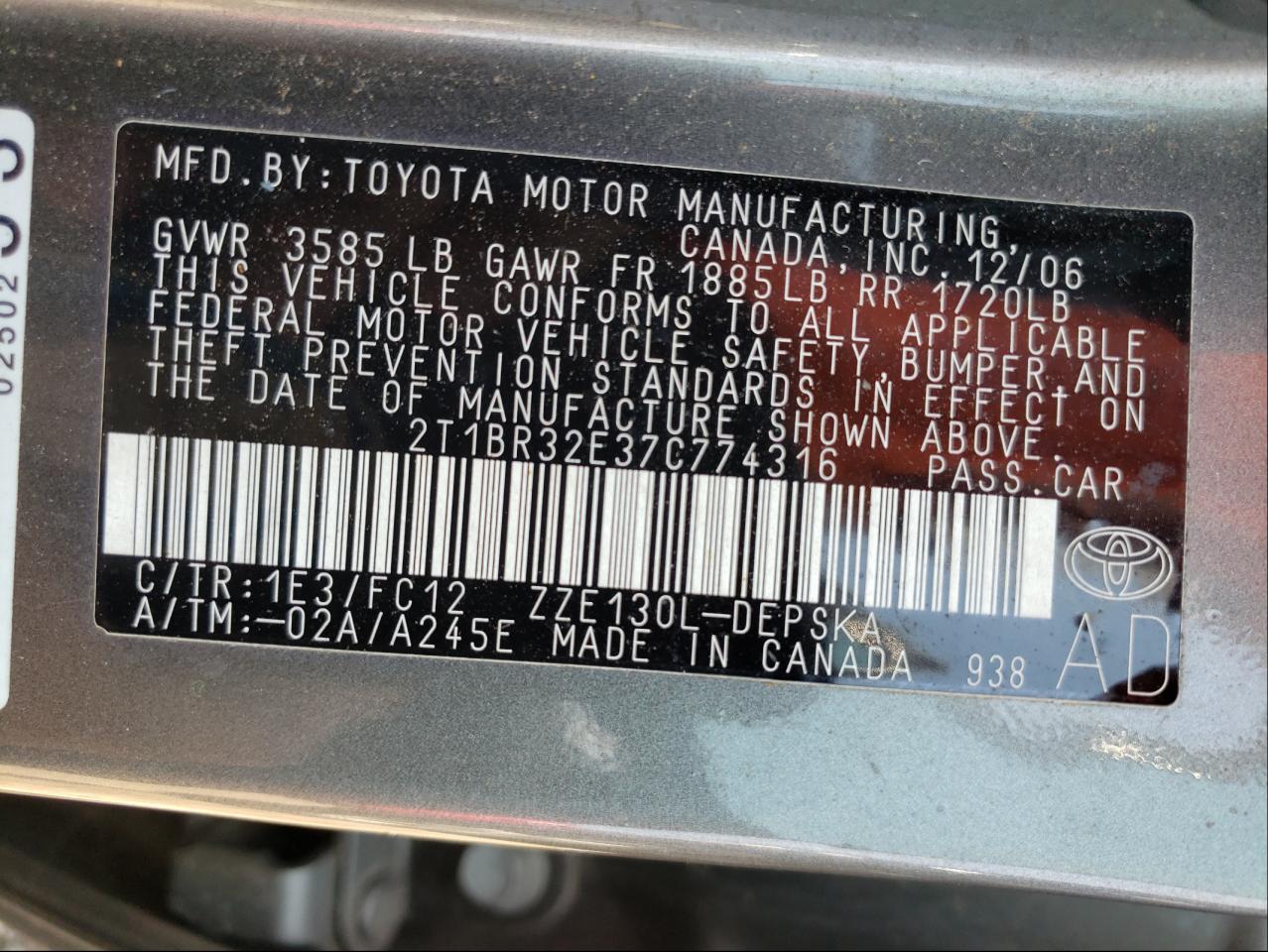 Фото 10 с аукциона – 2007 TOYOTA COROLLA CE с VIN 2T1BR32E37C774316
