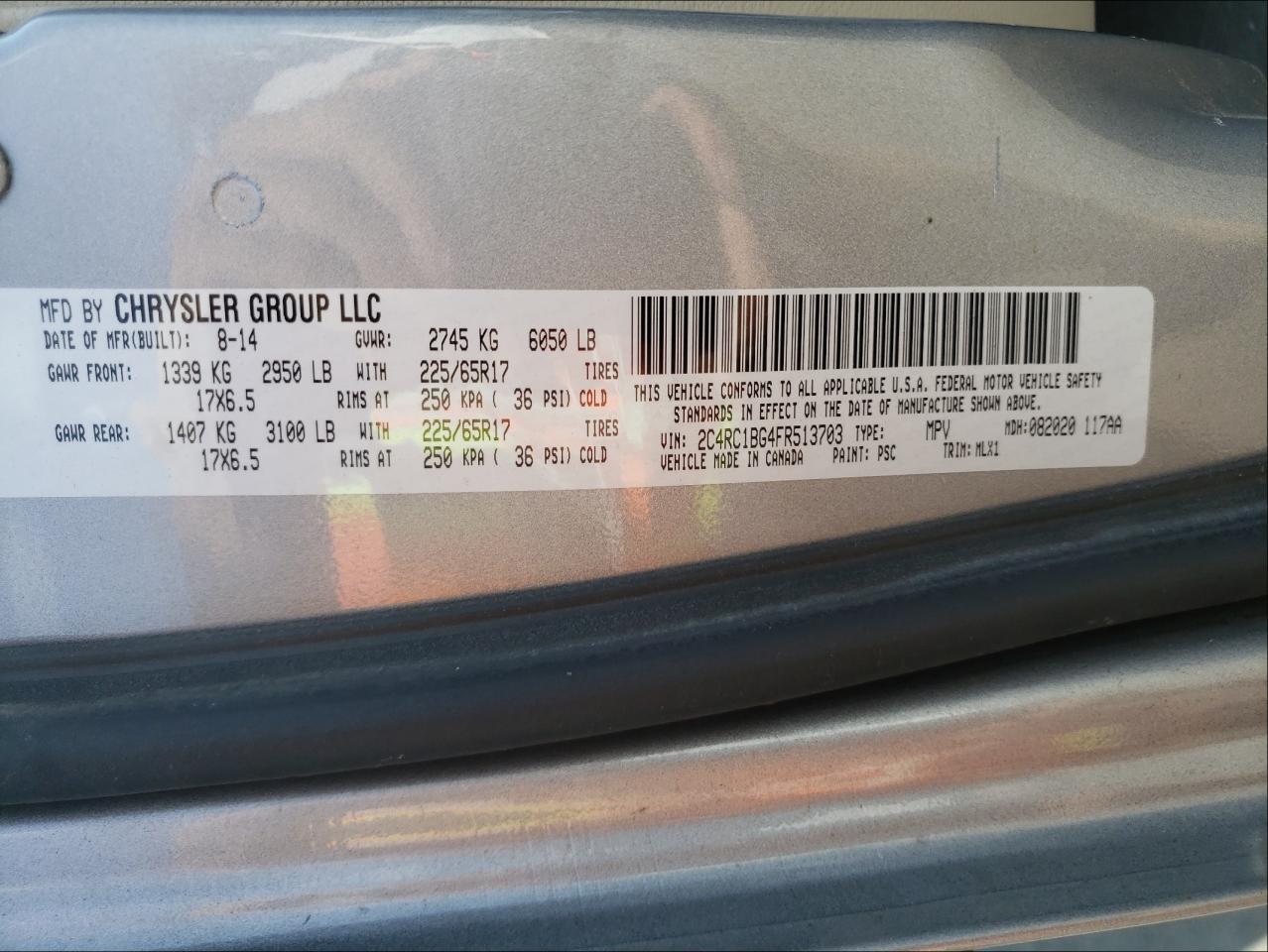 Photo 10 from auction – 2015 CHRYSLER TOWN & COU with VIN 2C4RC1BG4FR513703
