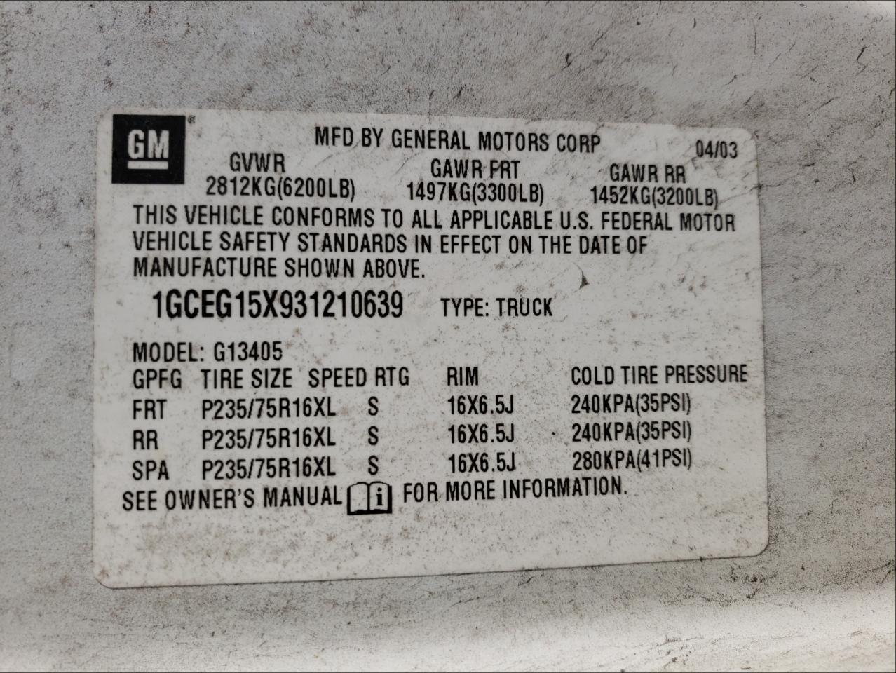 Photo 10 from auction – 2003 CHEVROLET EXPRESS with VIN 1GCEG15X931210639