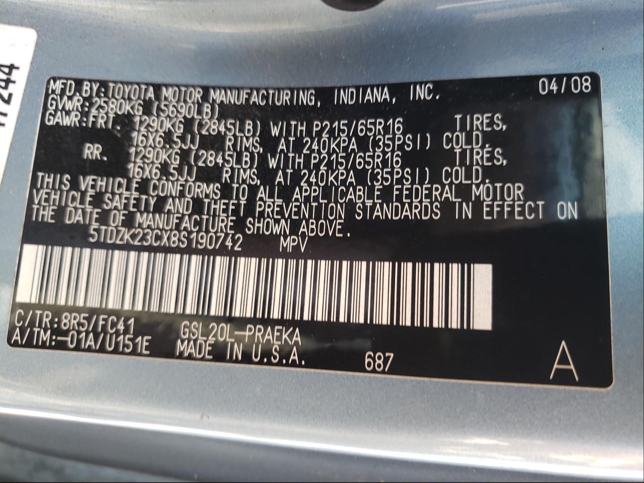 Photo 10 from auction – 2008 TOYOTA SIENNA CE with VIN 5TDZK23CX8S190742