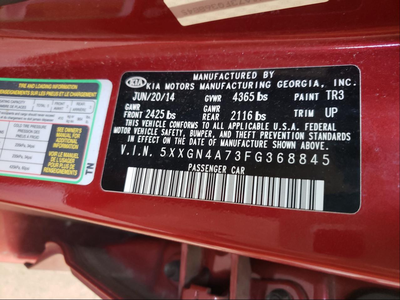 Photo 10 from auction – 2015 KIA OPTIMA EX with VIN 5XXGN4A73FG368845