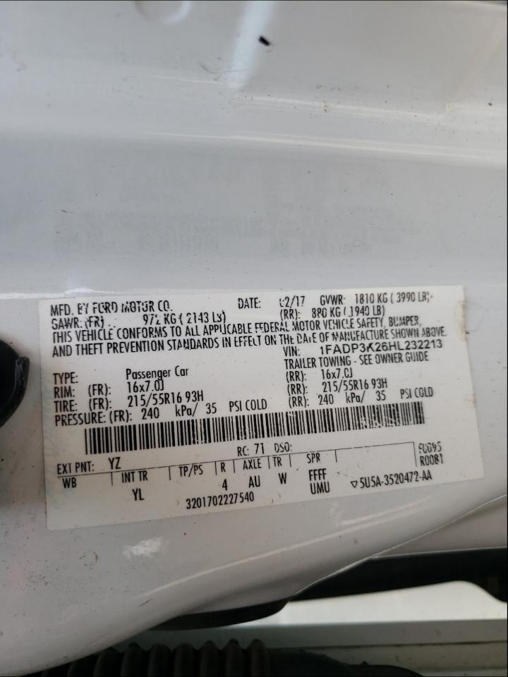 Photo 10 from auction – 2017 FORD FOCUS SE with VIN 1FADP3K26HL232213
