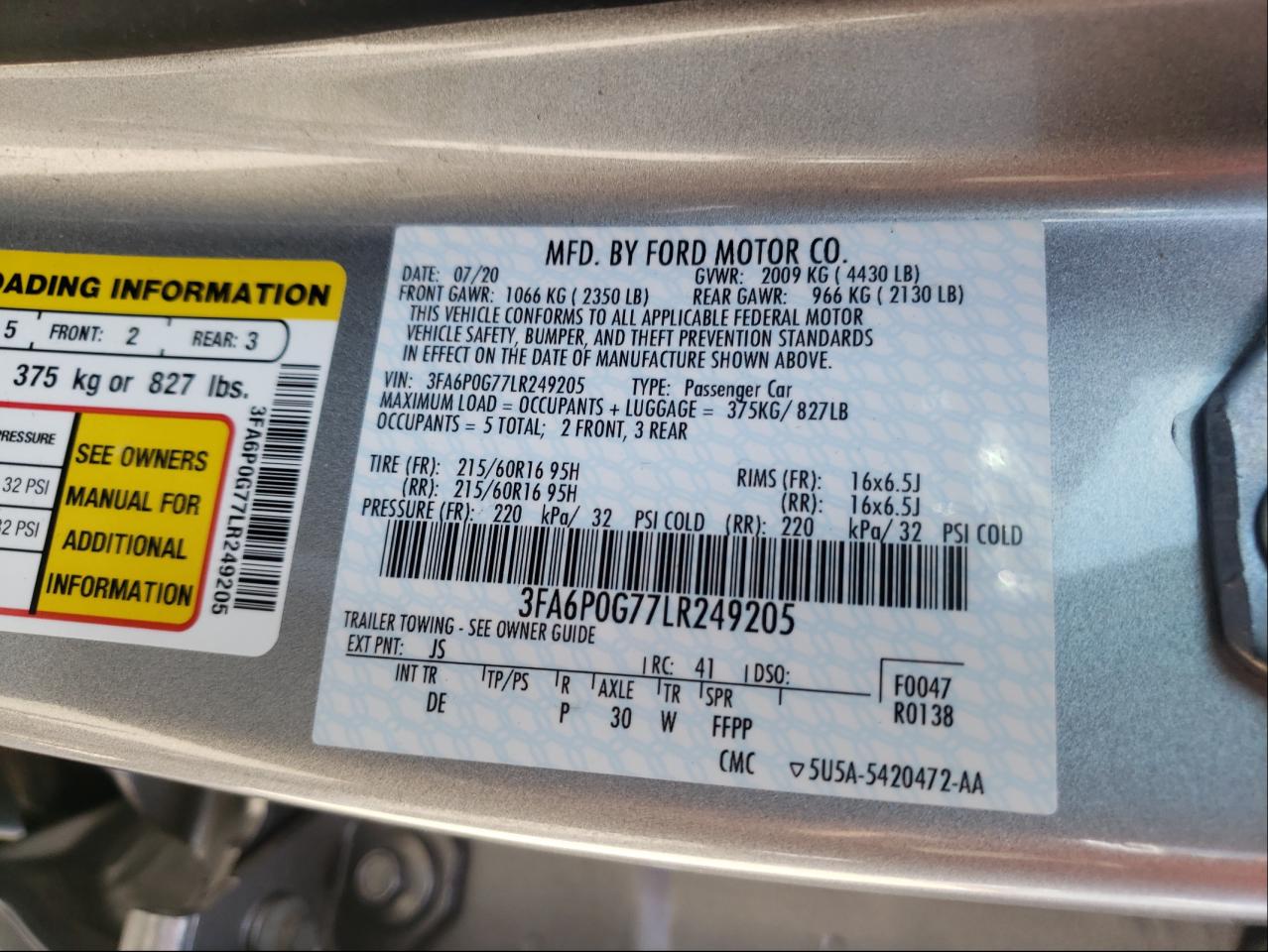 Photo 10 from auction – 2020 FORD FUSION S with VIN 3FA6P0G77LR249205