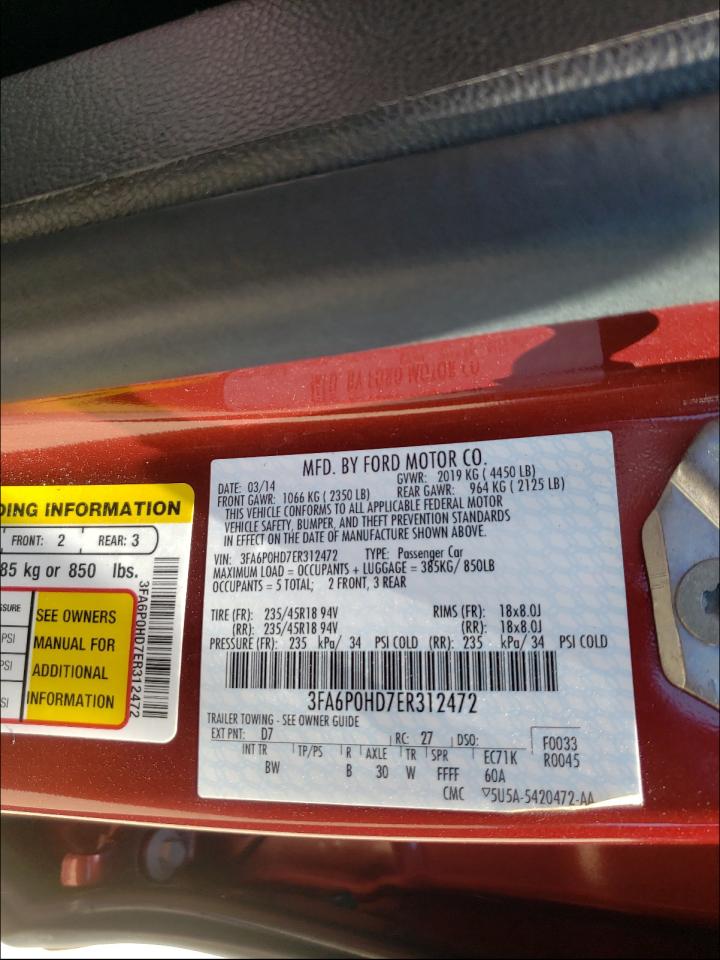 Photo 10 from auction – 2014 FORD FUSION SE with VIN 3FA6P0HD7ER312472