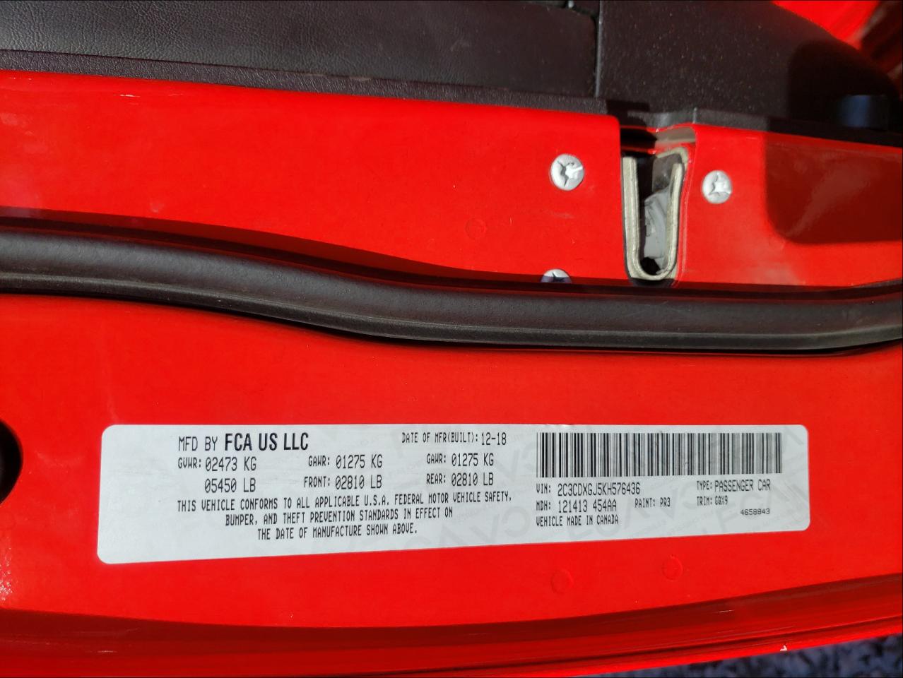Photo 10 from auction – 2019 DODGE CHARGER SC with VIN 2C3CDXGJ5KH576436