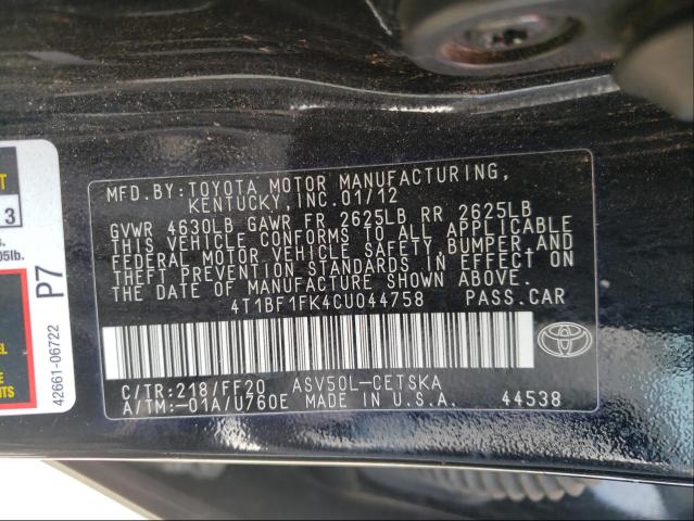 Photo 10 from auction – 2012 TOYOTA CAMRY BASE with VIN 4T1BF1FK4CU044758