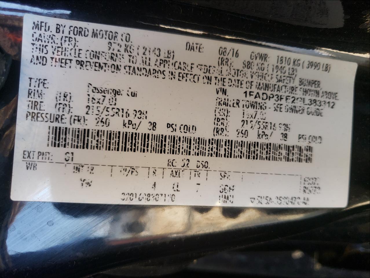 Photo 10 from auction – 2016 FORD FOCUS SE with VIN 1FADP3FE2GL383312