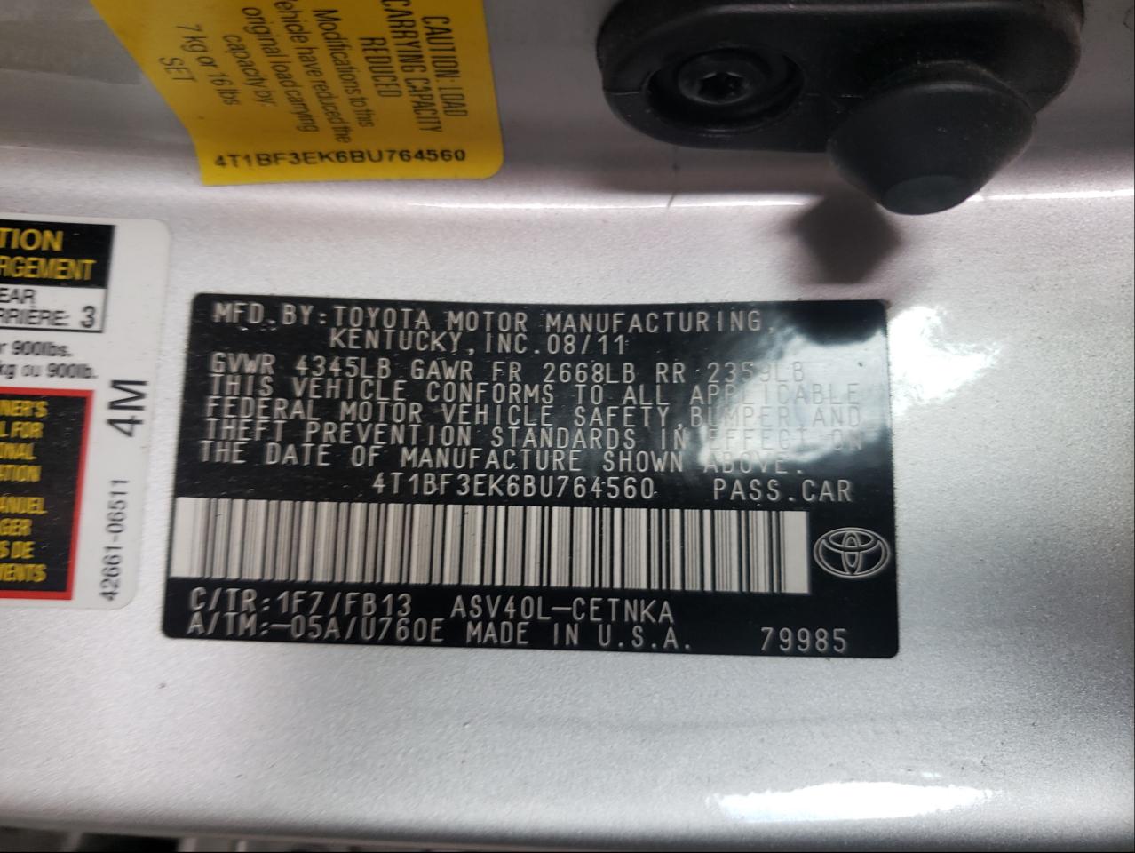 Photo 10 from auction – 2011 TOYOTA CAMRY BASE with VIN 4T1BF3EK6BU764560