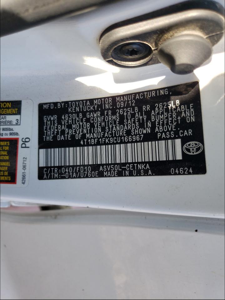 Photo 10 from auction – 2012 TOYOTA CAMRY BASE with VIN 4T1BF1FK9CU166967