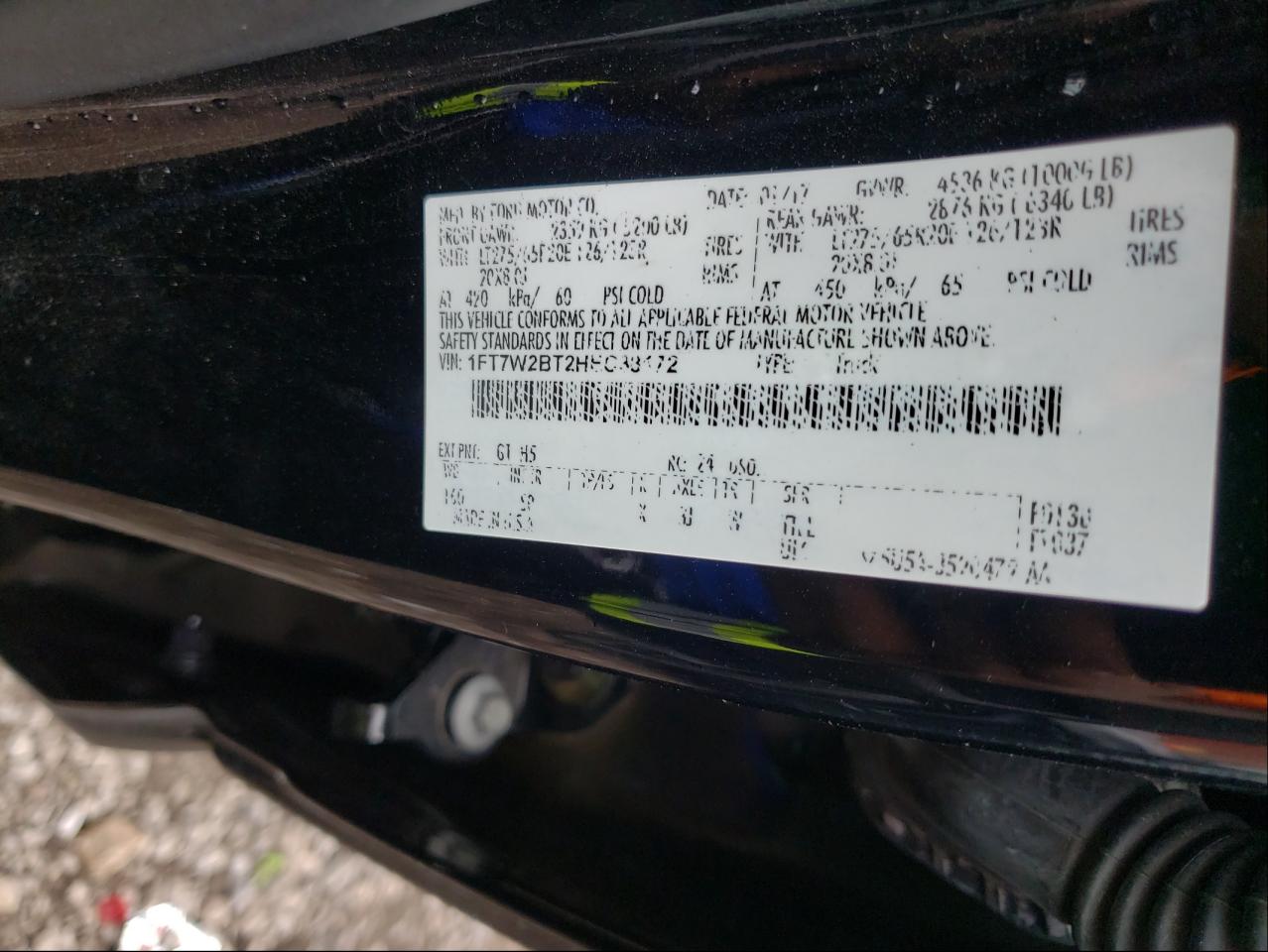 Photo 10 from auction – 2017 FORD F250 SUPER with VIN 1FT7W2BT2HEC38172