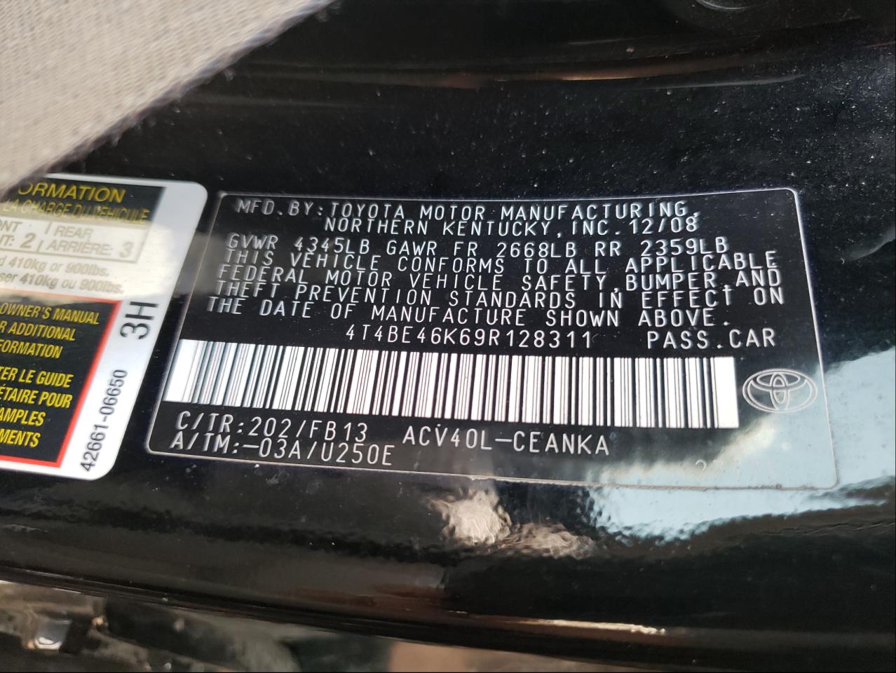 Photo 10 from auction – 2009 TOYOTA CAMRY BASE with VIN 4T4BE46K69R128311