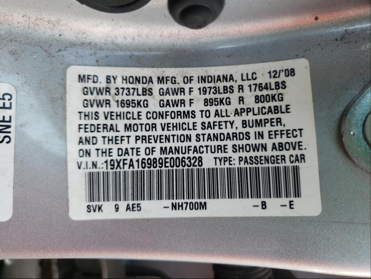 Photo 10 from auction – 2009 HONDA CIVIC EXL with VIN 19XFA16989E006328