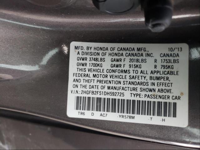 Photo 10 from auction – 2013 HONDA CIVIC LX with VIN 2HGFB2F51DH592725