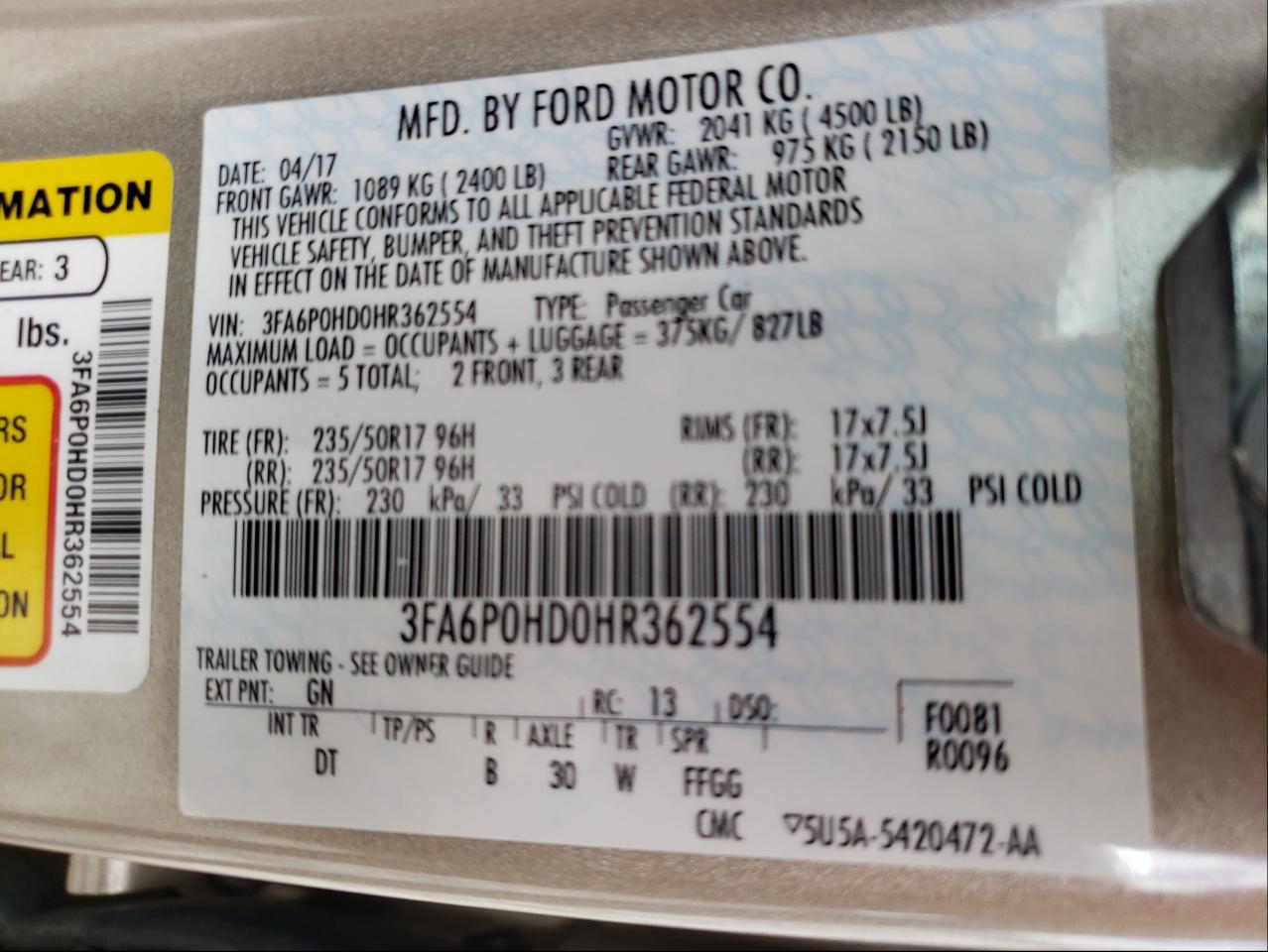 Photo 10 from auction – 2017 FORD FUSION SE with VIN 3FA6P0HD0HR362554