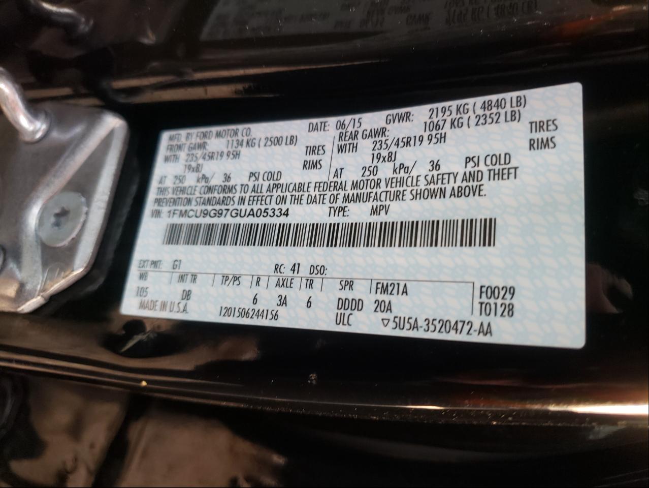 Photo 10 from auction – 2016 FORD ESCAPE SE with VIN 1FMCU9G97GUA05334