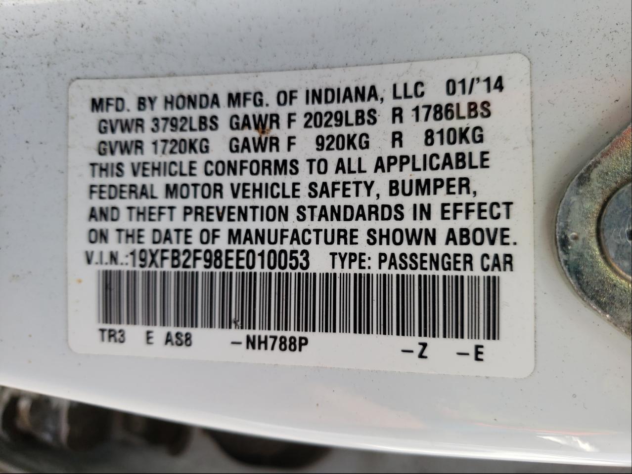 Photo 10 from auction – 2014 HONDA CIVIC EXL with VIN 19XFB2F98EE010053