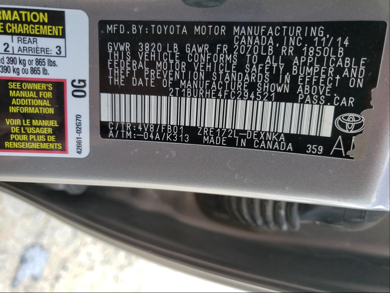 Photo 10 from auction – 2015 TOYOTA COROLLA L with VIN 2T1BURHE4FC294521