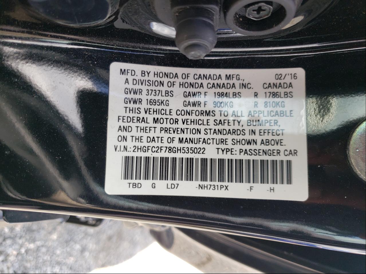 Photo 10 from auction – 2016 HONDA CIVIC EX with VIN 2HGFC2F78GH535022