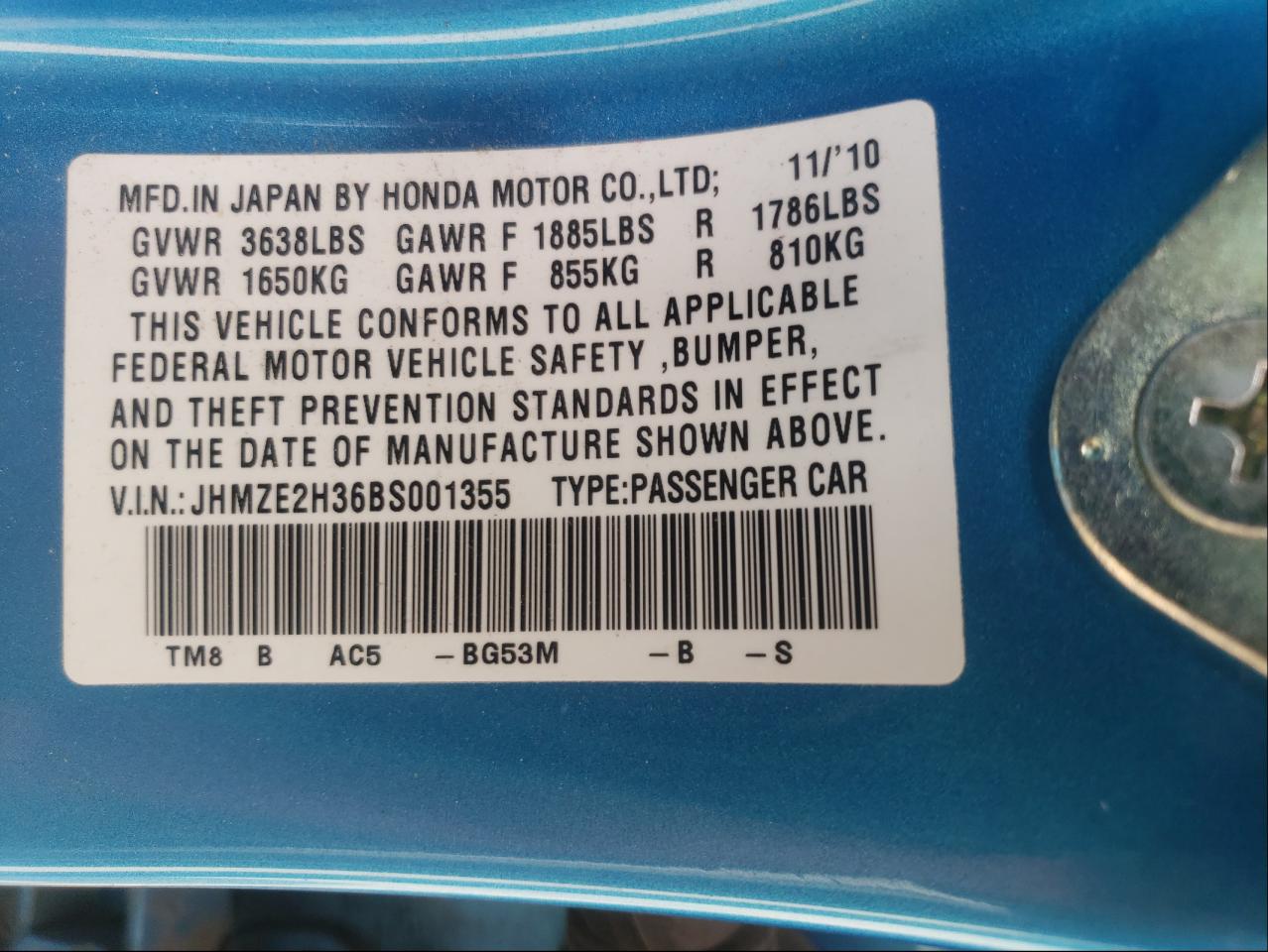 Zdjęcie 10 z aukcji – 2011 HONDA INSIGHT z VIN JHMZE2H36BS001355