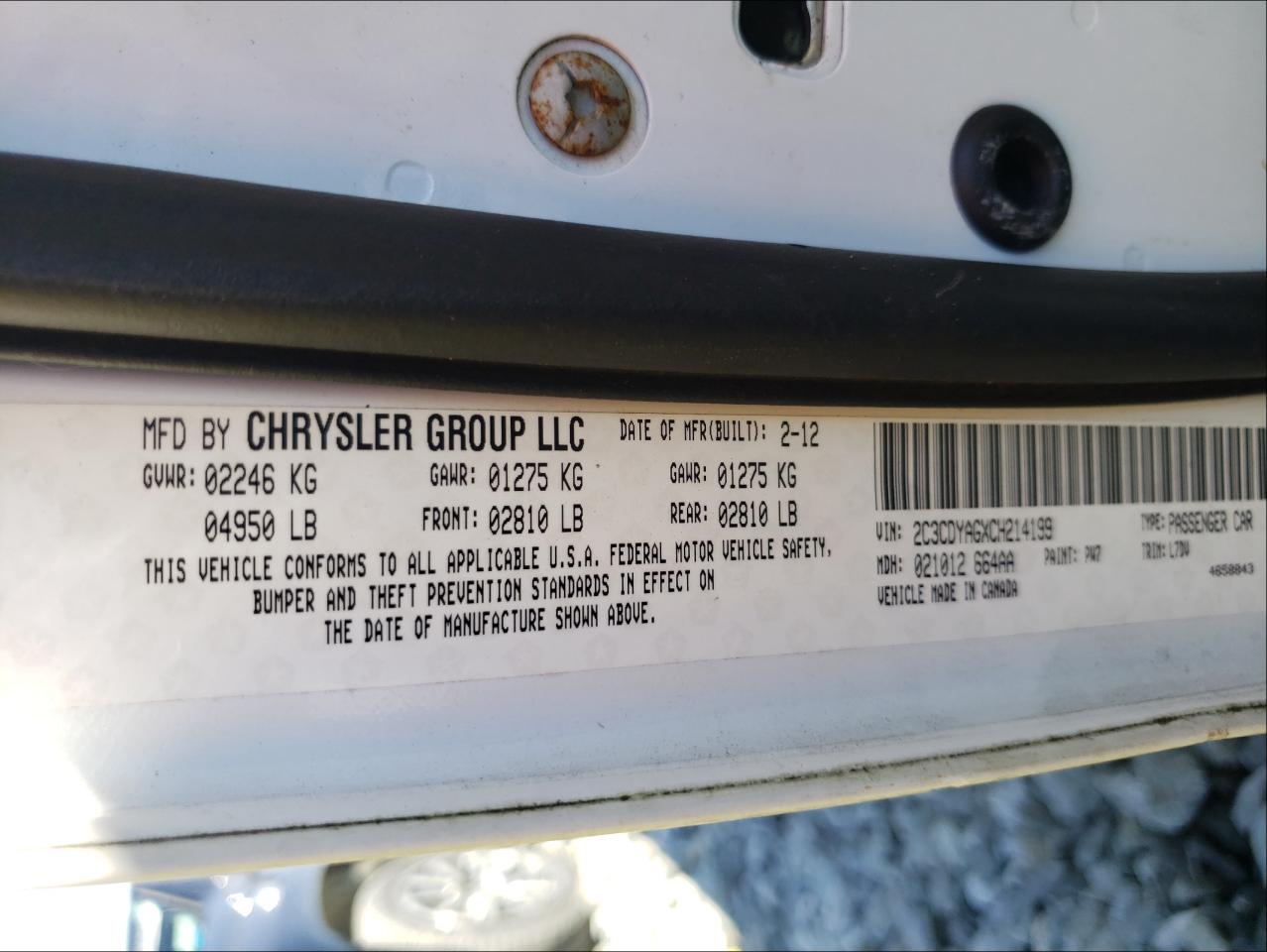 Photo 10 from auction – 2012 DODGE CHALLENGER with VIN 2C3CDYAGXCH214199