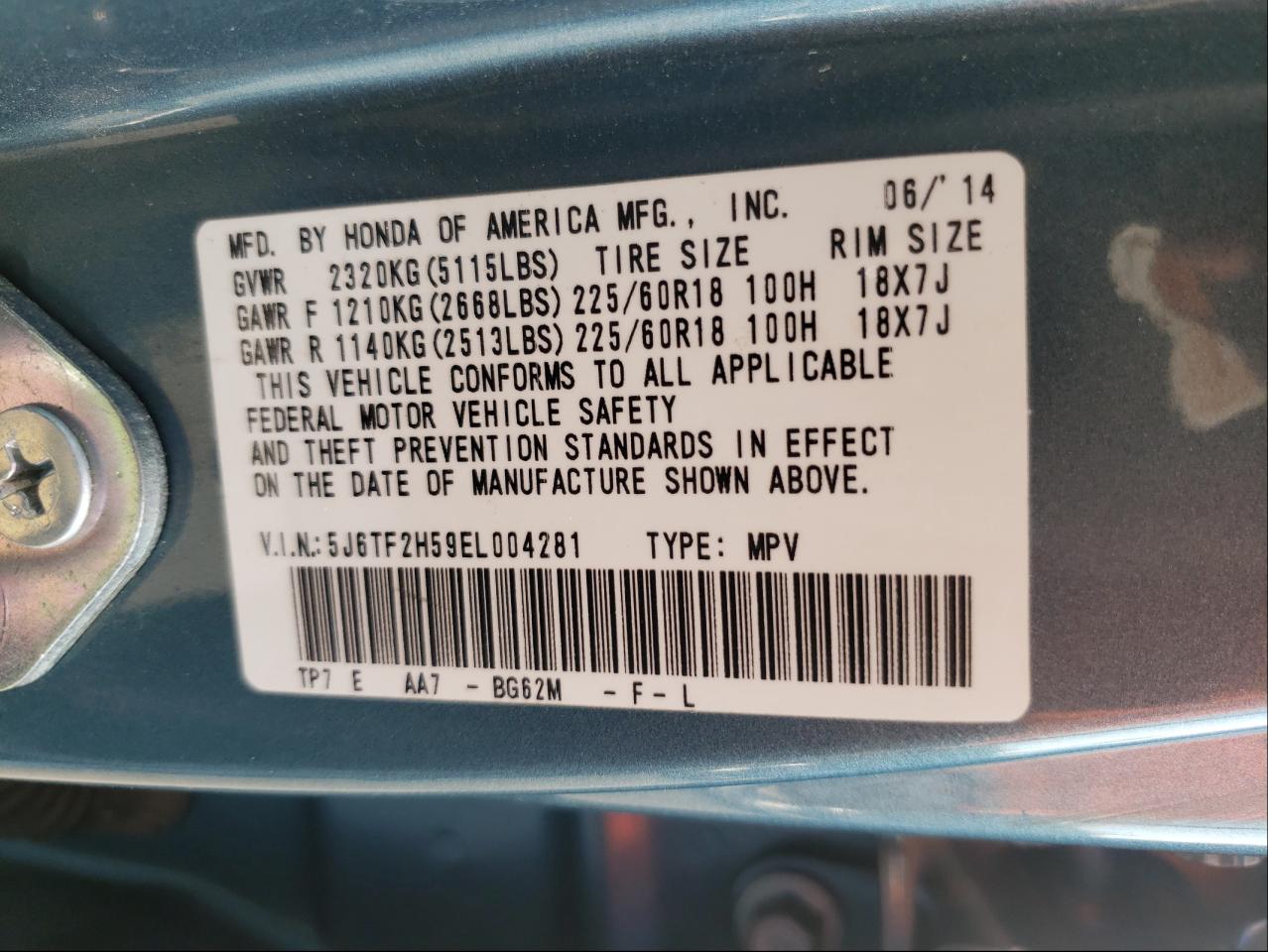 Photo 10 from auction – 2014 HONDA CROSSTOUR with VIN 5J6TF2H59EL004281