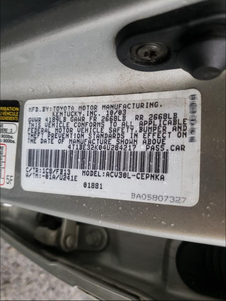 Photo 10 from auction – 2004 TOYOTA CAMRY LE with VIN 4T1BE32K04U284217