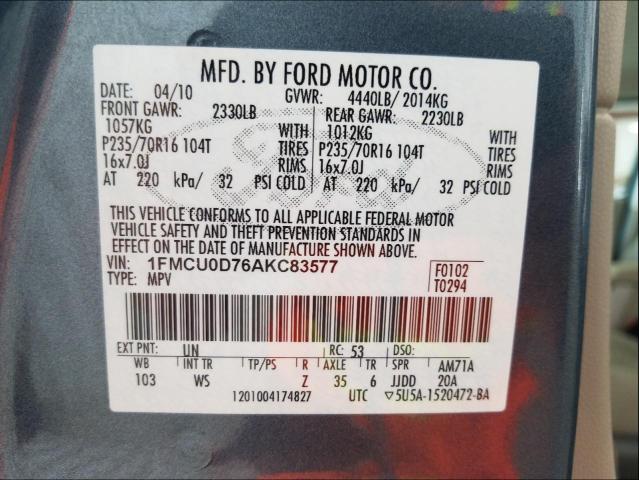 Photo 10 from auction – 2010 FORD ESCAPE XLT with VIN 1FMCU0D76AKC83577