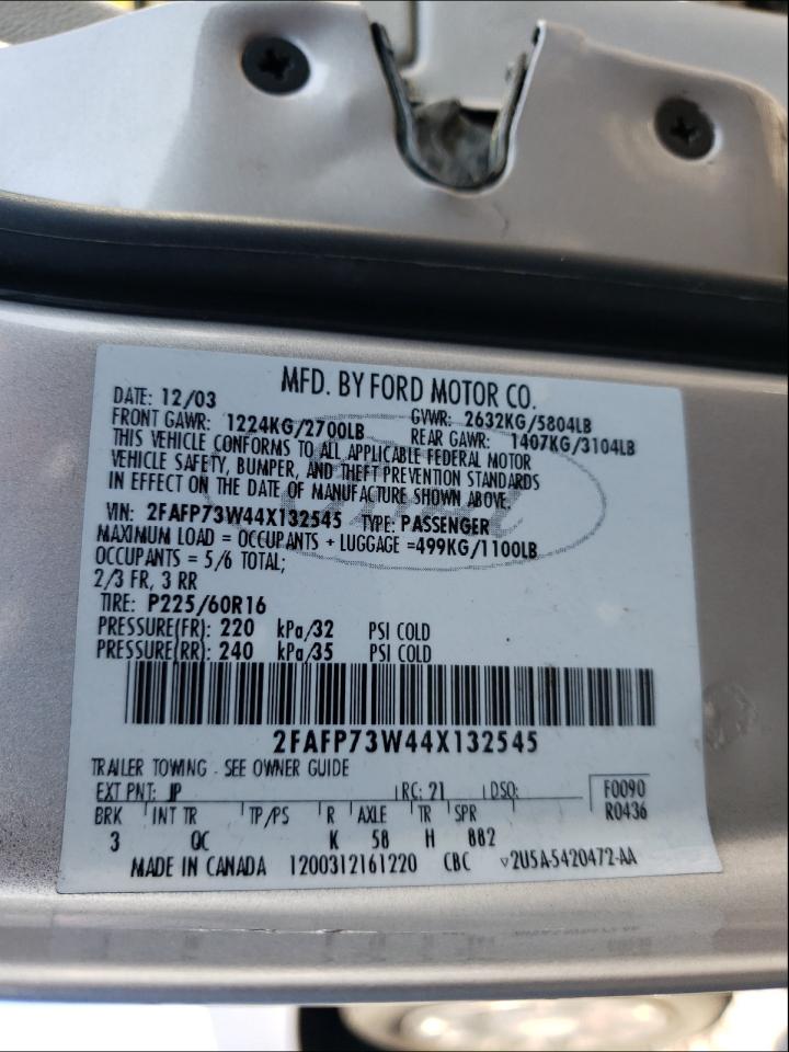 Photo 10 from auction – 2004 FORD CROWN VICT with VIN 2FAFP73W44X132545