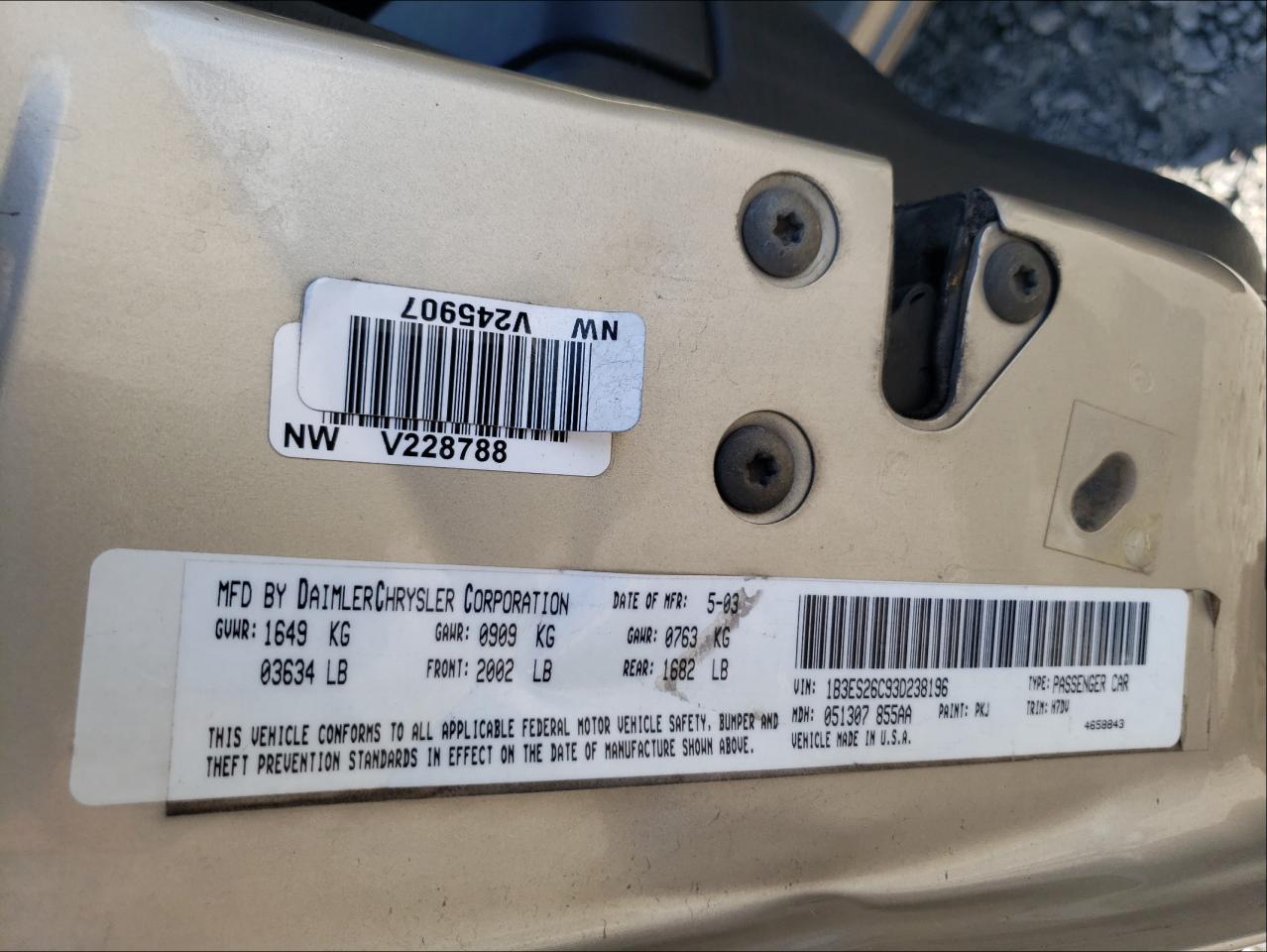 Photo 10 from auction – 2003 DODGE NEON with VIN 1B3ES26C93D238196