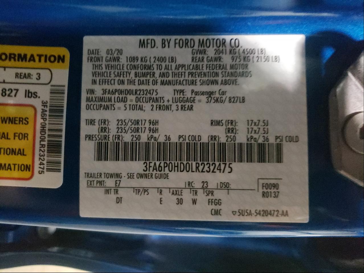 Photo 10 from auction – 2020 FORD FUSION SE with VIN 3FA6P0HD0LR232475