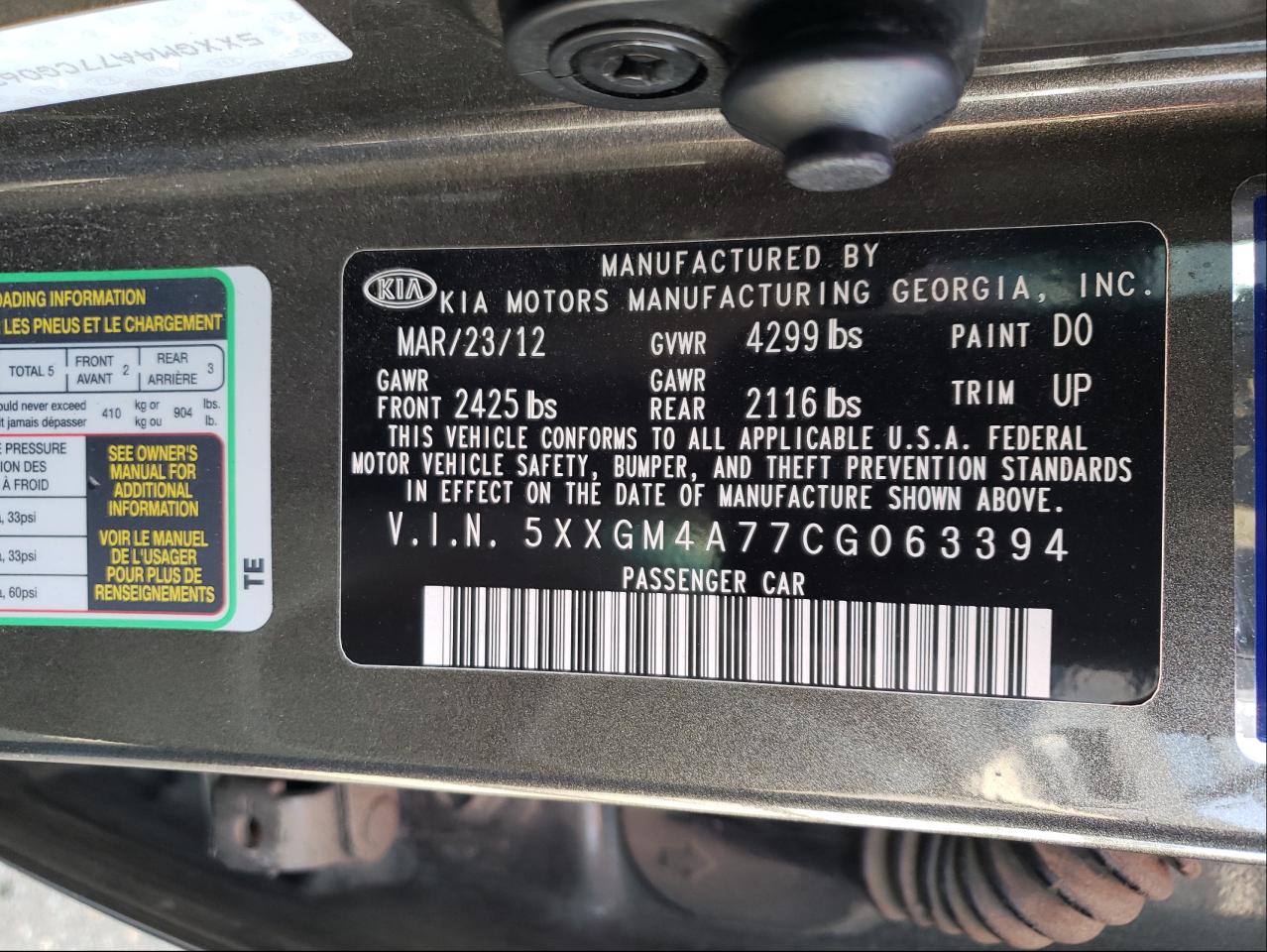 Photo 10 from auction – 2012 KIA OPTIMA LX with VIN 5XXGM4A77CG063394