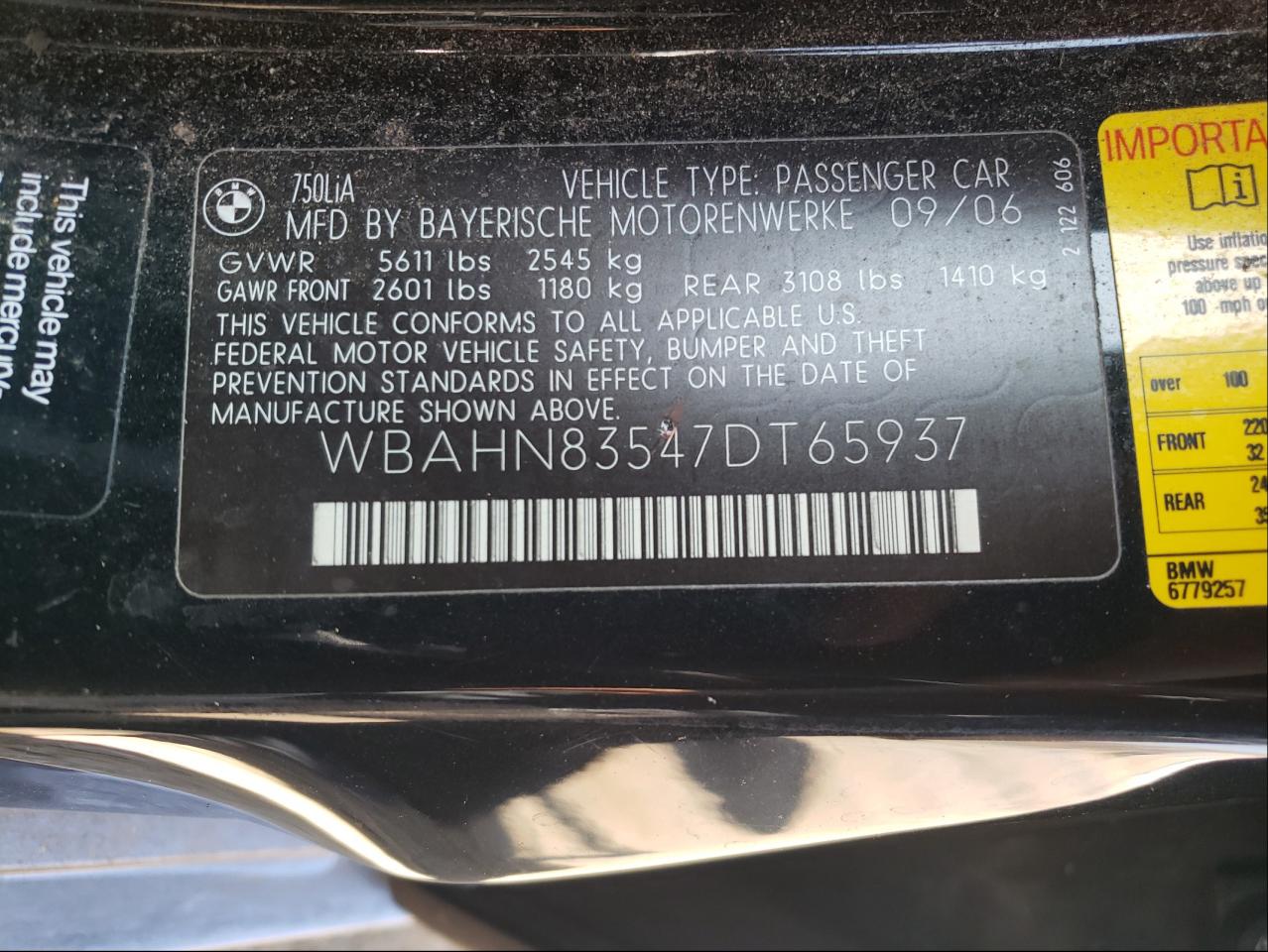 Photo 10 from auction – 2007 BMW 750 with VIN WBAHN83547DT65937