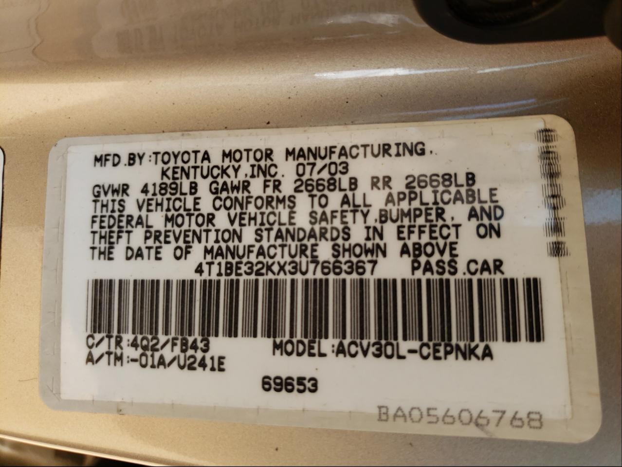 Photo 20 from auction – 2003 TOYOTA CAMRY LE with VIN 4T1BE32KX3U766367