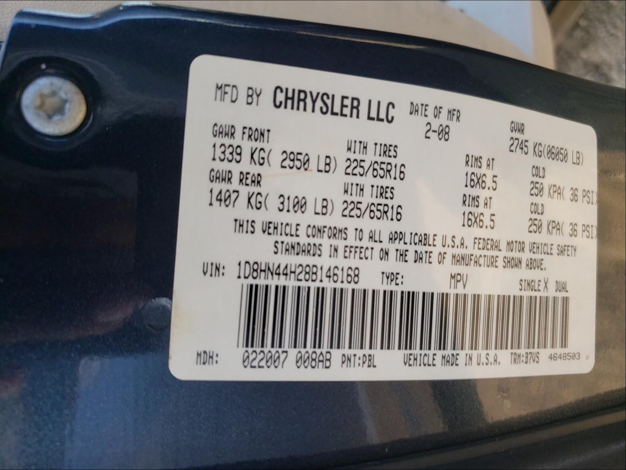 Photo 10 from auction – 2008 DODGE GRAND CARA with VIN 1D8HN44H28B146168