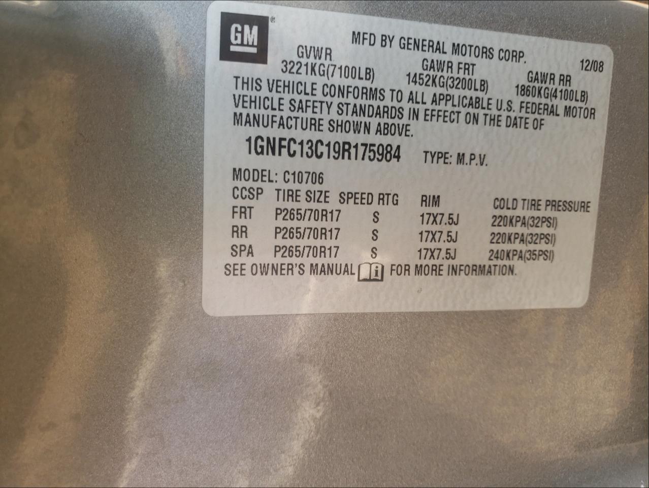 Photo 10 from auction – 2009 CHEVROLET TAHOE C150 with VIN 1GNFC13C19R175984