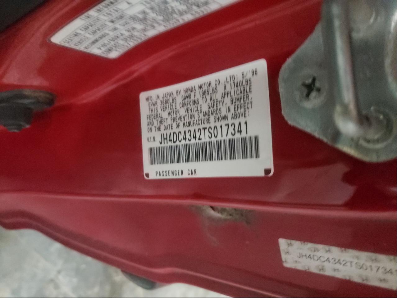 Photo 10 from auction – 1996 ACURA INTEGRA RS with VIN JH4DC4342TS017341