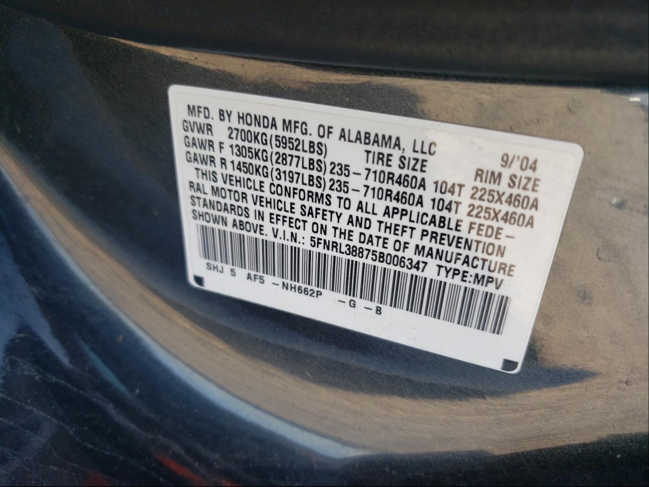 Photo 10 from auction – 2005 HONDA ODYSSEY TO with VIN 5FNRL38875B006347