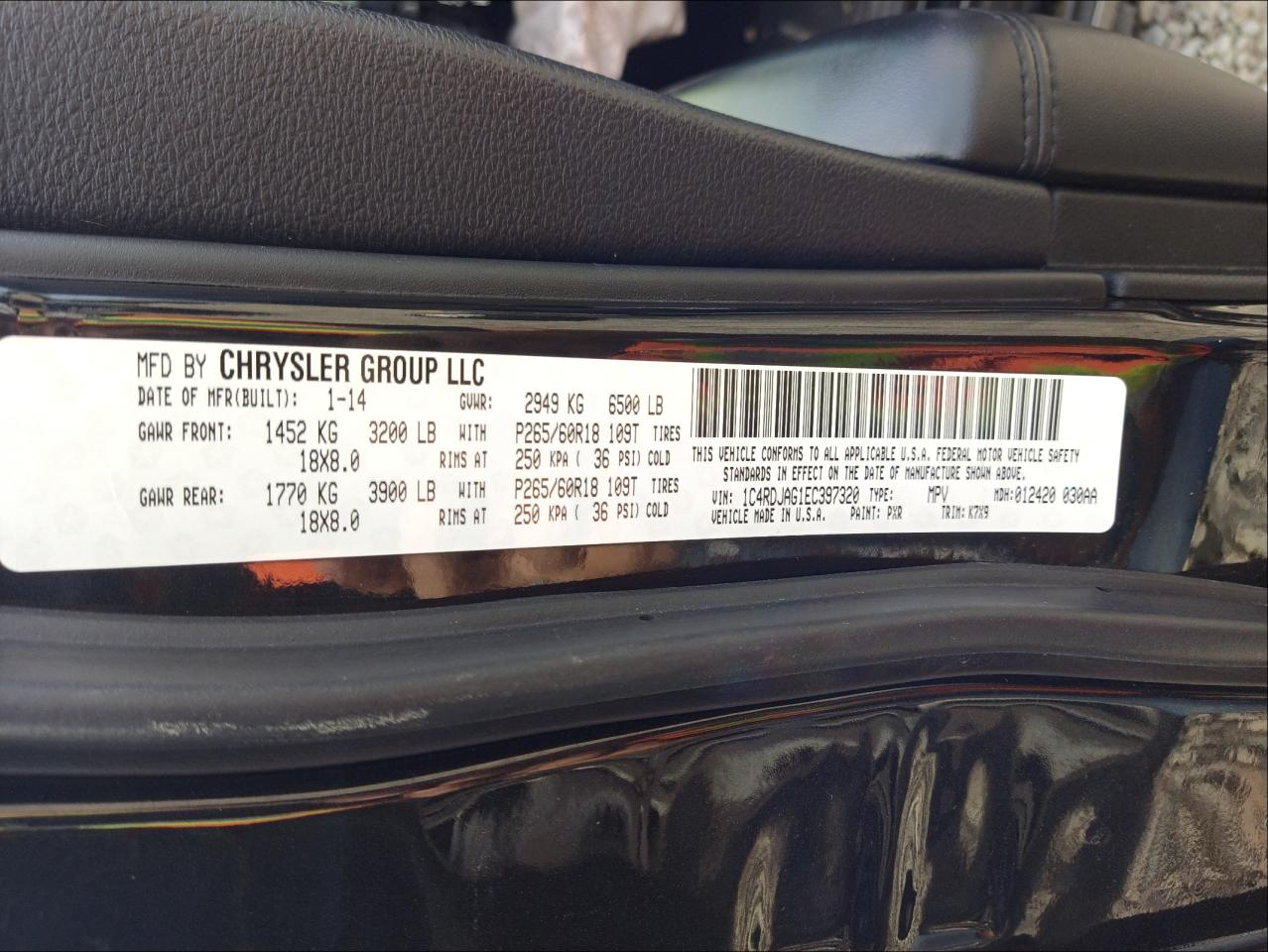 Photo 10 from auction – 2014 DODGE DURANGO SX with VIN 1C4RDJAG1EC397320