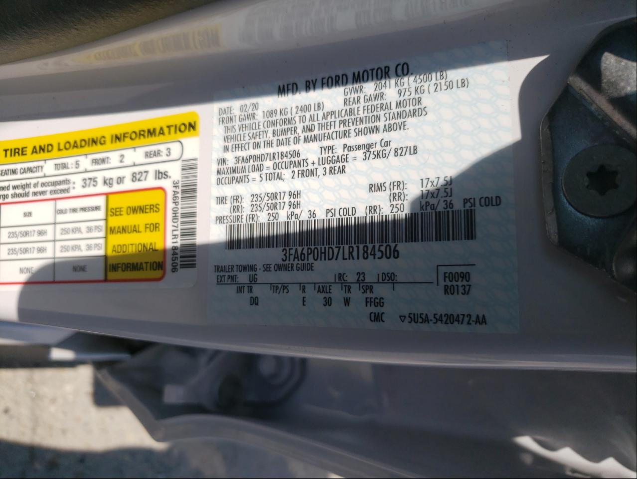 Photo 10 from auction – 2020 FORD FUSION SE with VIN 3FA6P0HD7LR184506