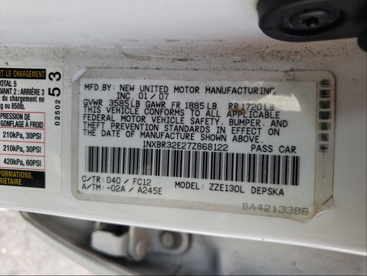 Photo 10 from auction – 2007 TOYOTA COROLLA CE with VIN 1NXBR32E27Z868122