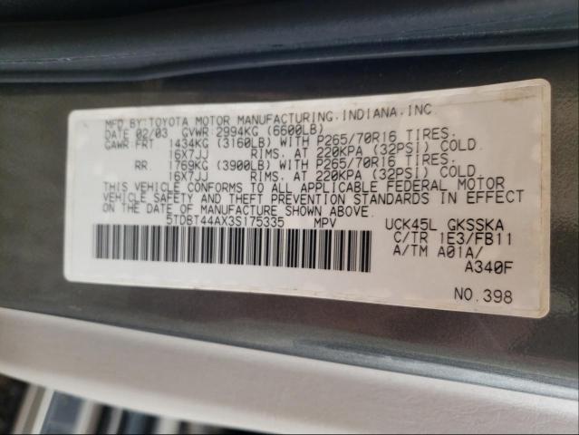 Photo 10 from auction – 2003 TOYOTA SEQUOIA SR with VIN 5TDBT44AX3S175335