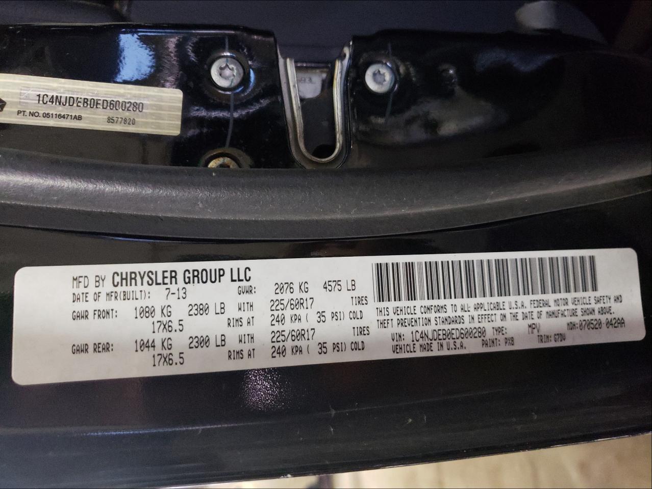 Photo 10 from auction – 2014 JEEP COMPASS LA with VIN 1C4NJDEB0ED600280
