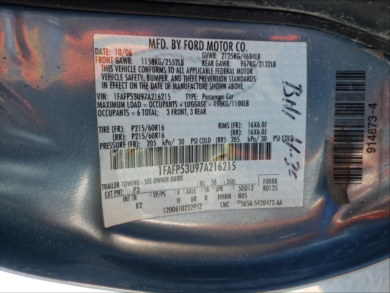 Photo 10 from auction – 2007 FORD TAURUS SE with VIN 1FAFP53U97A216215