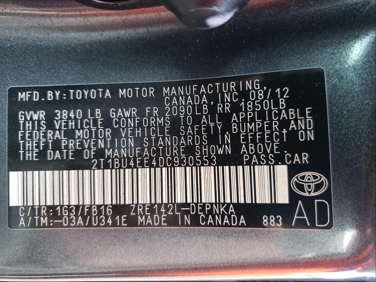 Photo 10 from auction – 2013 TOYOTA COROLLA BA with VIN 2T1BU4EE4DC930553