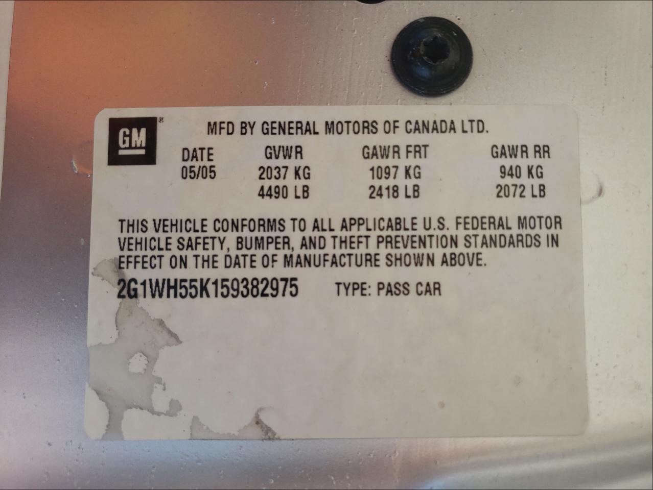 Photo 10 from auction – 2005 CHEVROLET IMPALA LS with VIN 2G1WH55K159382975