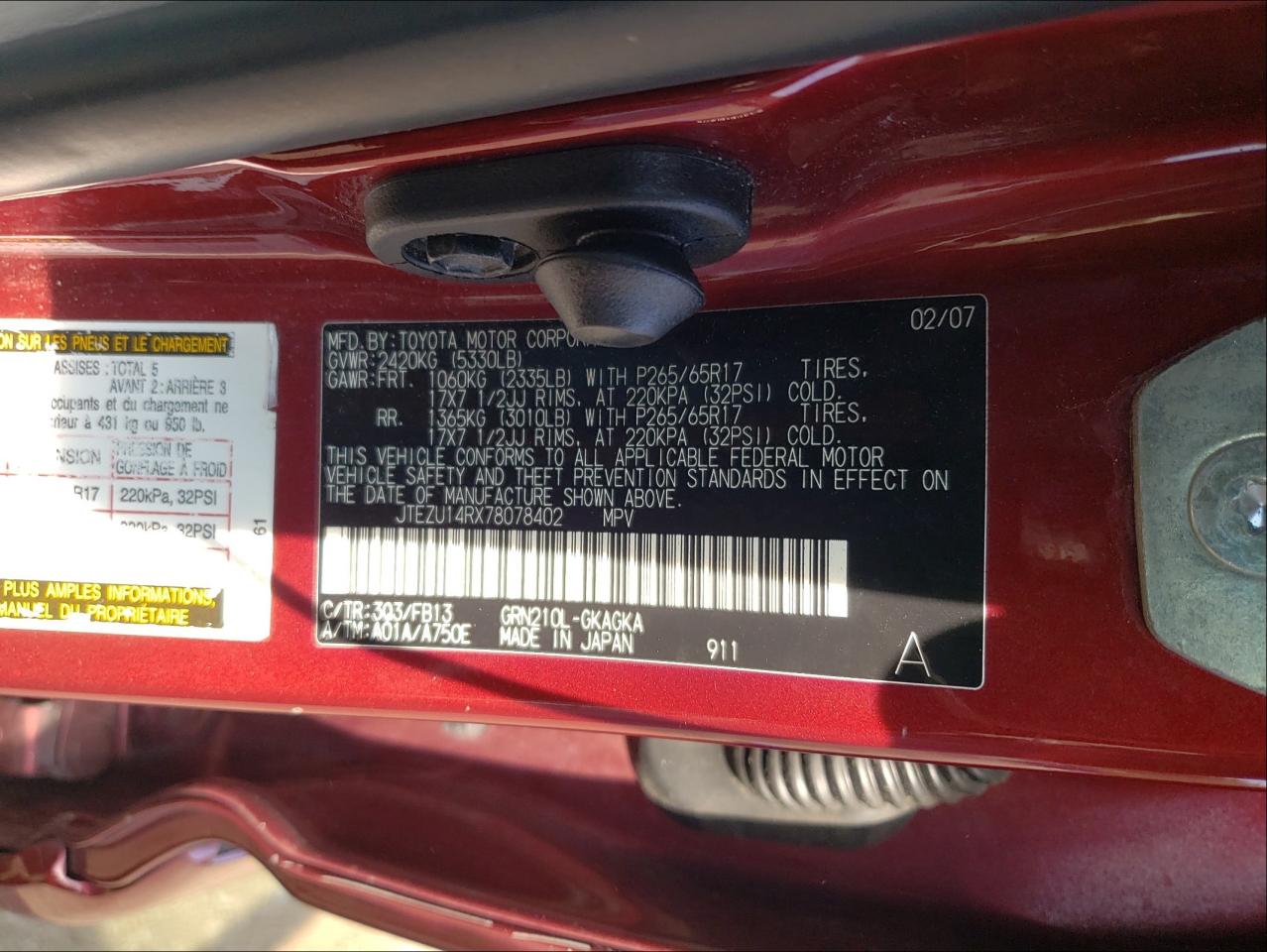 Photo 10 from auction – 2007 TOYOTA 4RUNNER SR with VIN JTEZU14RX78078402